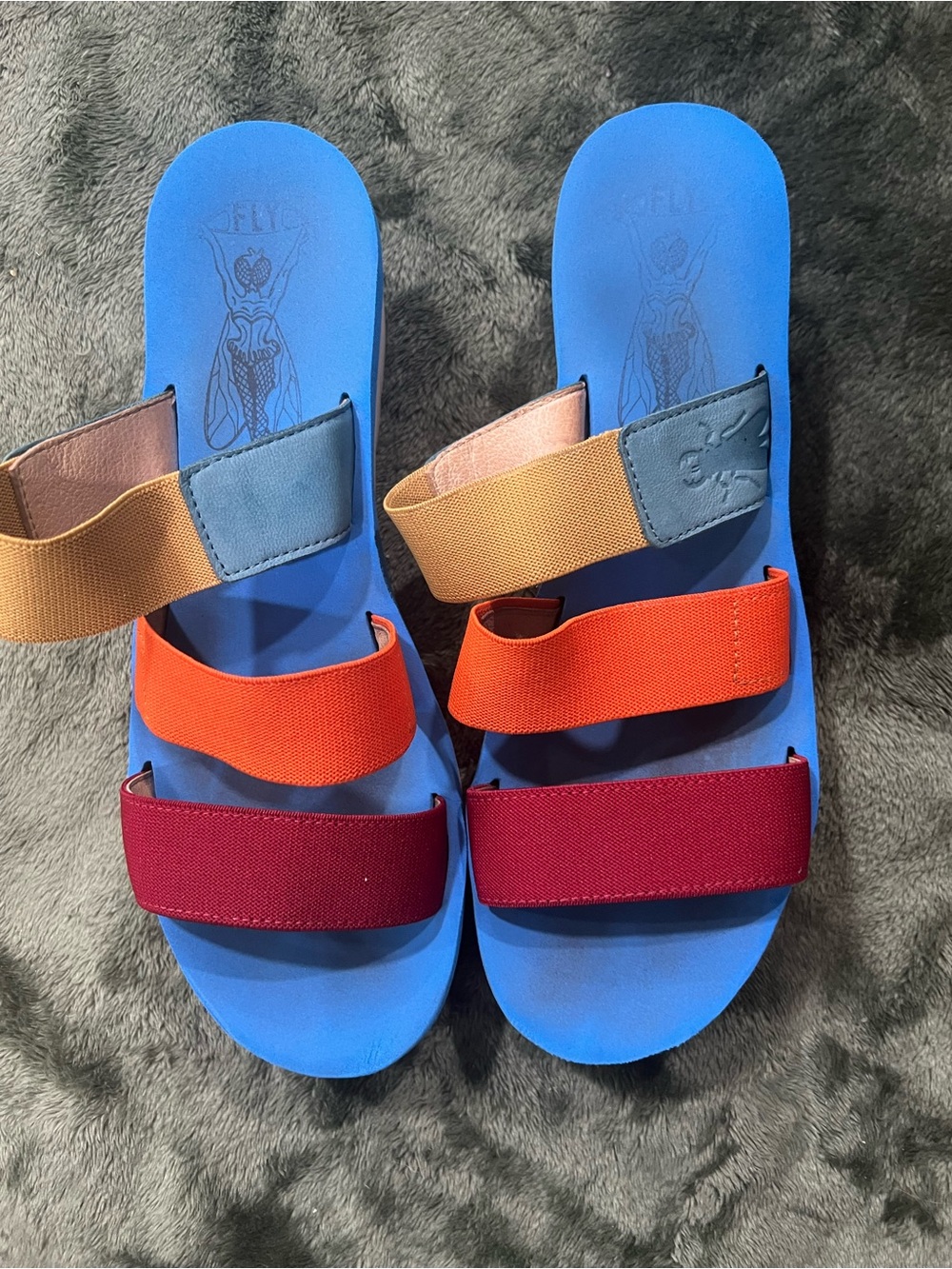 Fly London Blue Footbed Multi-Color Strap Sandals